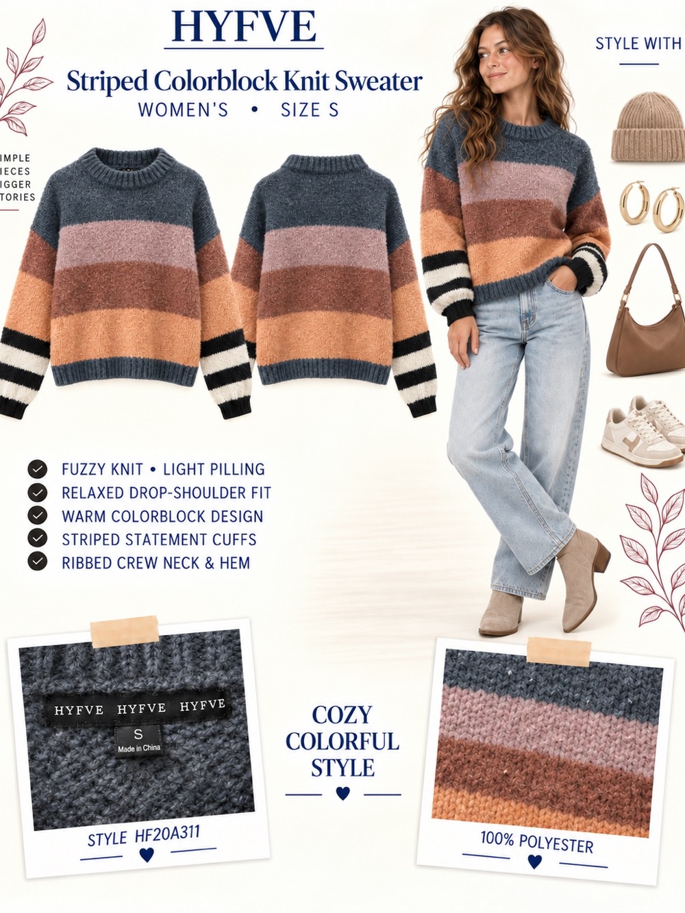 HYFVE Striped Colorblock Crew Sweater in Charcoal, Dusty Pink & Camel